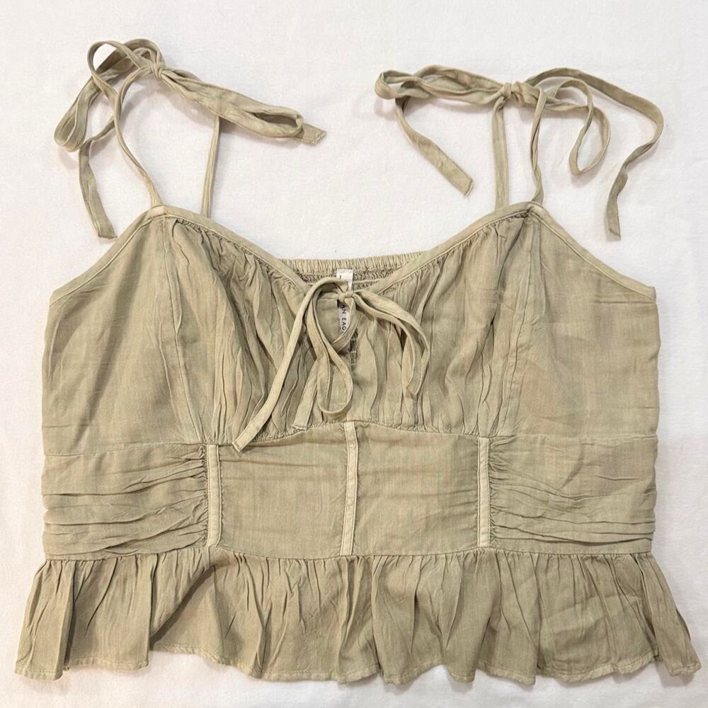 American Eagle Sweetheart Ruffle Corset Peplum Tie Strap Tank Top Olive Green